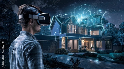 réalité virtuelle et architecture, personne qui visite une maison avec un casque VR. illustration ia générative