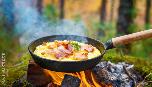 Scrambled eggs with bacon cooking in a cast iron pan, on an open fire.