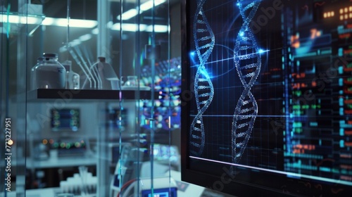DNA sequence dances on digital screen in high-tech lab, symbolizing modern medicine.