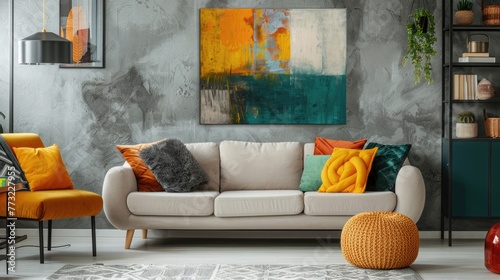 Abstract painting on grey wall of retro living room interior with beige sofa with pillows, vintage dark green armchair and yellow pouf with book © rimsha