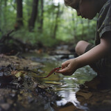 a child holds a salamander by the creek
