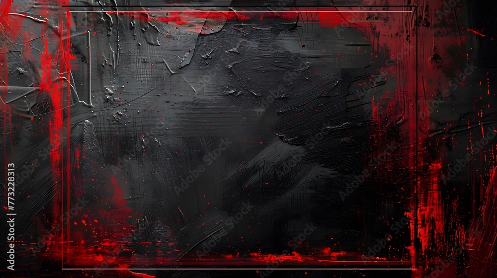 Expressive red paint strokes in rectangular arrangements on rough black wall, red grunge border design on dark backdrop - obrazy, fototapety, plakaty 