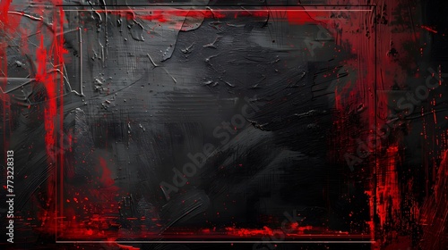 Expressive red paint strokes in rectangular arrangements on rough black wall, red grunge border design on dark backdrop photo