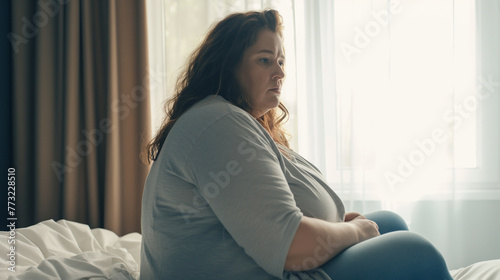 Mulher acima do peso sentada na cama em depressão e tristeza  photo