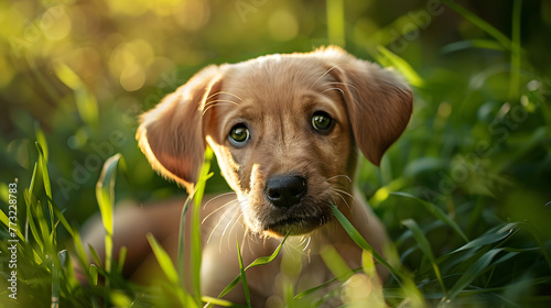 Frolics ludiques de chiots : une vue joyeuse d'un petit chien courant avec des oreilles tombantes dans un jardin luxuriant photo