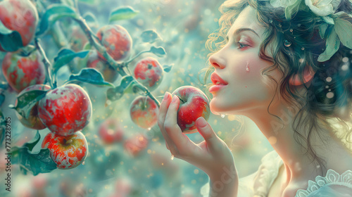 Illustration of a woman with an apple that is both beautiful and sweet	 photo