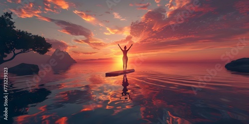 Woman doing yoga on a paddleboard at sunset with generative AI. Concept Yoga on Paddleboard, Sunset Silhouette, Generative AI Art, Relaxing Exercise, Mindful Wellness