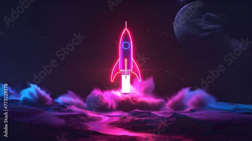 Rocket taking off with fire and smoke over neon glowing light. Spaceship launch on black background. photo