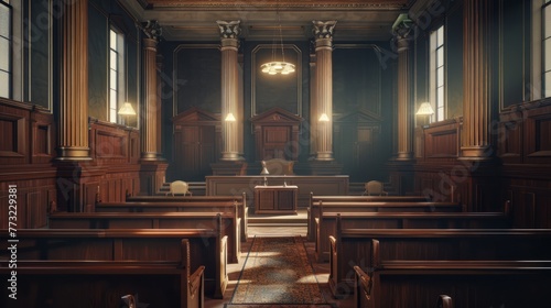 Courtroom interior. Empty Courthouse room interior. Law and Justice concept photo