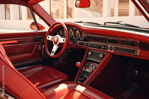 the interior of a red car