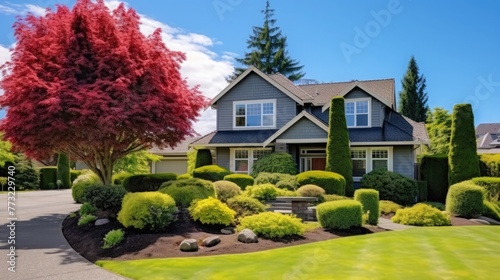 Beautiful Home Exterior. Real Estate Exterior Front House. Luxury house with beautiful landscaping on a sunny day. House with nicely trimmed and landscaped front yard in a residential neighborhood