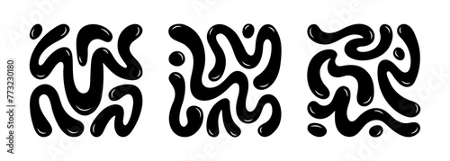 Liquid, organic blobs, y2k style squiggles, groovy doodle wavy stripes inscribed in a square shape, bold scribbles, spots. Black fluid graphic design elements set, text background collection.