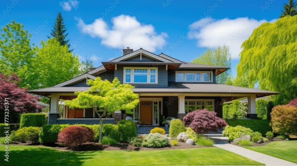 Beautiful Home Exterior in north America. Real Estate Exterior Front House. Big typical house with beautiful landscaping. House with landscaped front yard in a residential neighborhood Beautiful Home Exterior in north America. Real Estate Exterior Front House. Big typical house with beautiful landscaping. House with landscaped front yard in a residential neighborhood