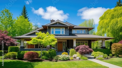 Beautiful Home Exterior in north America. Real Estate Exterior Front House. Big typical house with beautiful landscaping. House with landscaped front yard in a residential neighborhood © rimsha