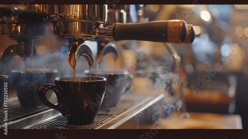 Acoffee machine making espresso in two black mugs, steam coming out from the back  photo