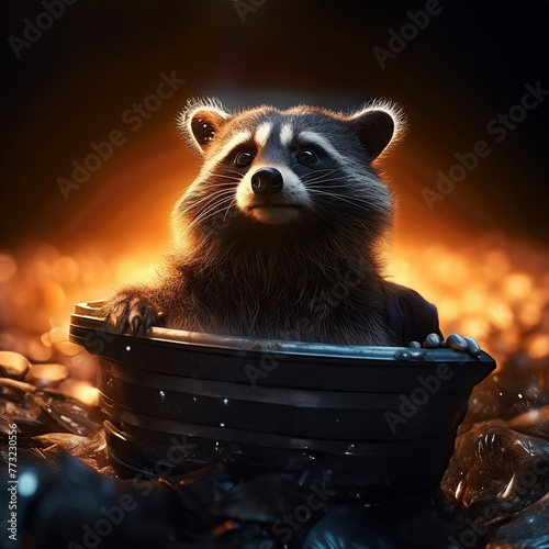 A raccoon floats in a trash can lid turned UFO, hovering over an alley in search of treasures