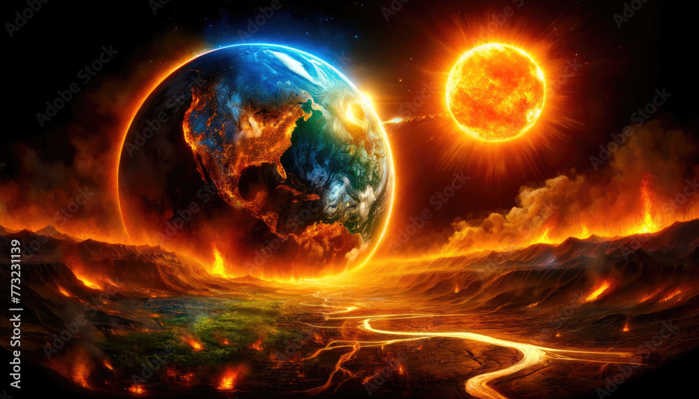 A fiery planet with a sun in the background. The sun is in the middle of the planet and is surrounded by a lot of fire A fiery planet with a sun in the background. The sun is in the middle of the planet and is surrounded by a lot of fire