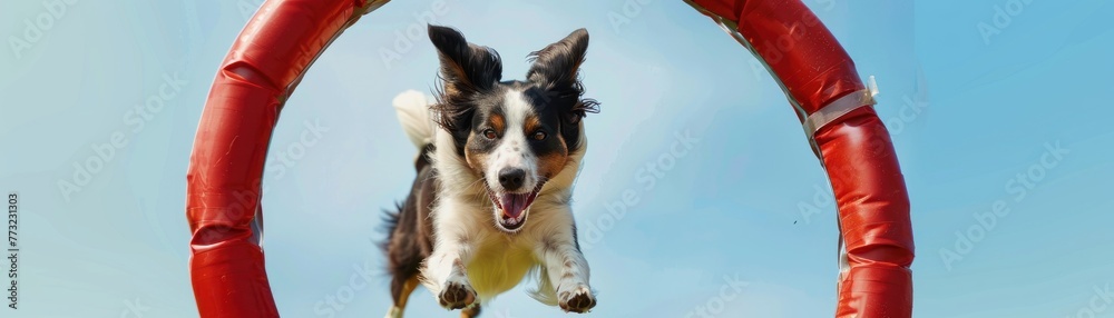dog jumping through hoop, action shot, clear sky background, sharp, bright colors , hyper realistic dog jumping through hoop, action shot, clear sky background, sharp, bright colors , hyper realistic