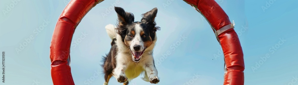 dog jumping through hoop, action shot, clear sky background, sharp, bright colors , hyper realistic