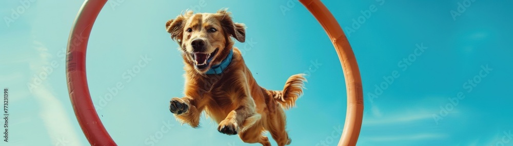 dog jumping through hoop, action shot, clear sky background, sharp, bright colors , hyper realistic