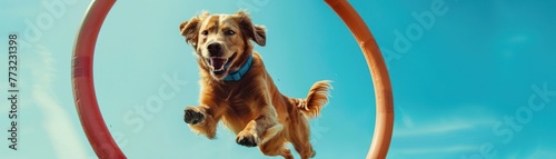 dog jumping through hoop, action shot, clear sky background, sharp, bright colors , hyper realistic © wasan