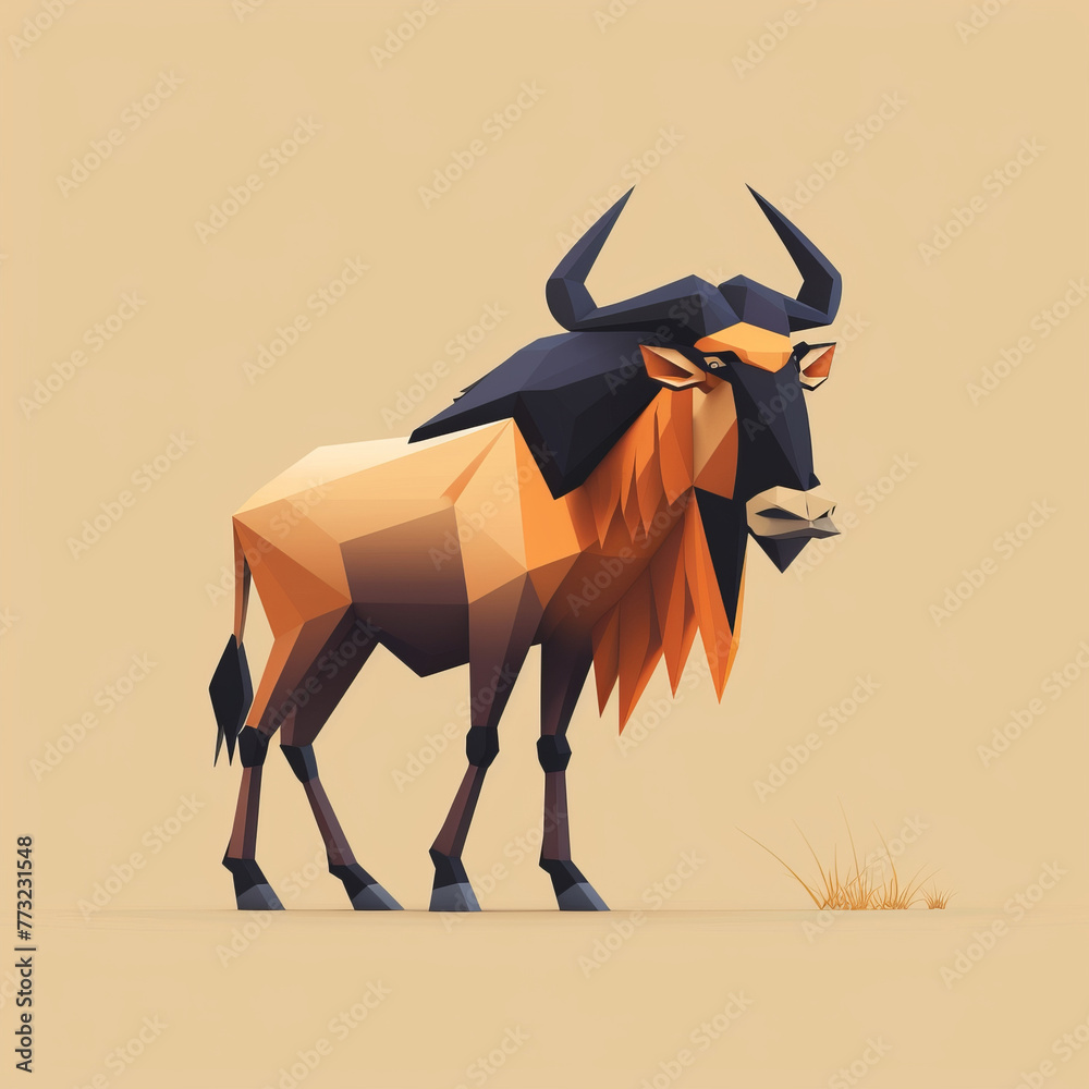 Obraz premium Geometric low poly design of a wildebeest on a beige background, digital art style.