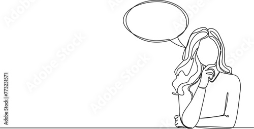 continuous single line drawing of skeptical woman with hand on chin, line art vector illustration