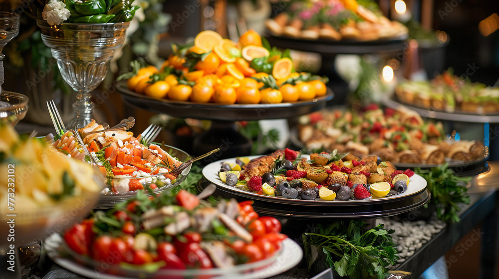 A lavish spread of catering food on display, showcasing a variety of cuisine and culinary delights, perfect for a buffet dinner or a celebratory dining event,