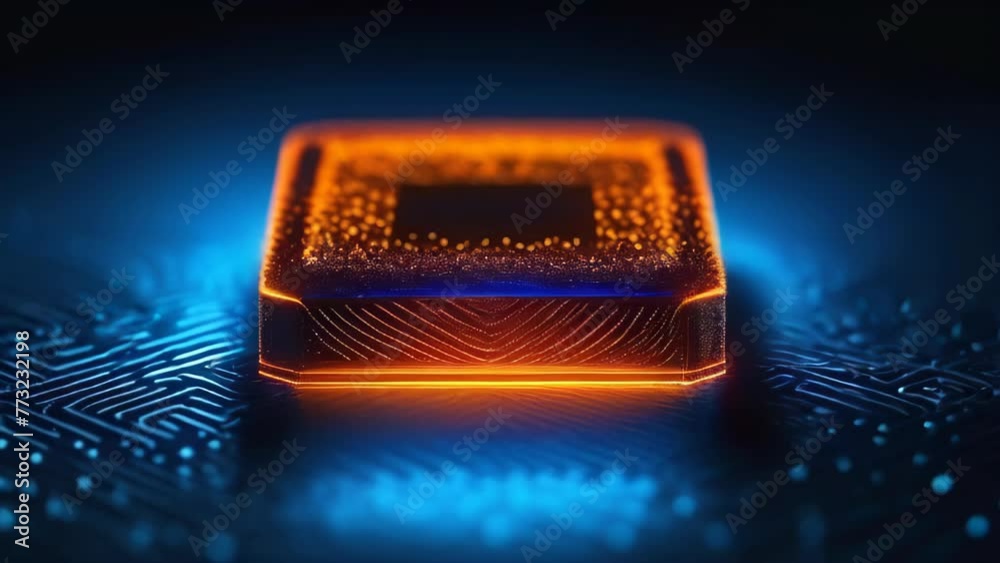 Abstract futuristic technology background CPU circuit. AI Processor Power. Colorful orange and blue Digitalization Process. Data Transmission in Futuristic Board Chip Virtual Computer Animation