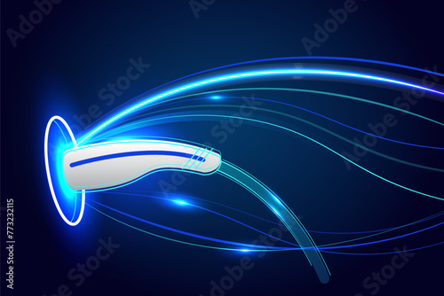 Power cable pump plug in charging power to electric vehicle EV car with modern technology on hi tech blue future background. Vector illustration.