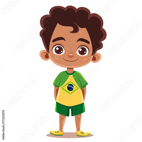 Cute African American boy with Brazilian flag. Vector cartoon illustration