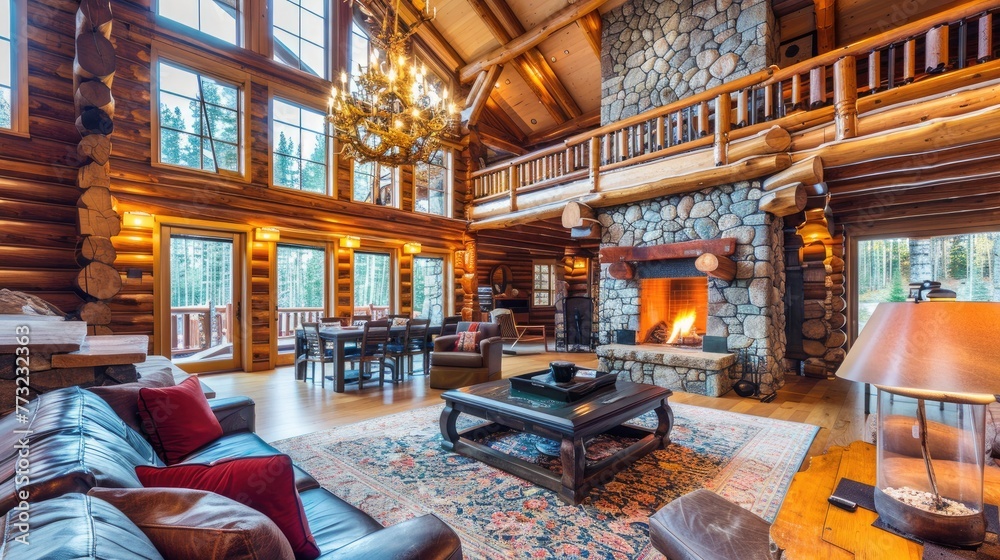 Bright Living room interior in American log cabin house. Rustic chandelier, stone fireplace and high ceiling with wooden beams make room gorgeous. Bright Living room interior in American log cabin house. Rustic chandelier, stone fireplace and high ceiling with wooden beams make room gorgeous.