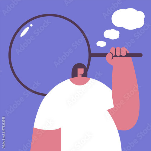 Happy dreamy woman. The girl looks to the side with excited interest. Female character dreams, thinks. Flat vector illustration.