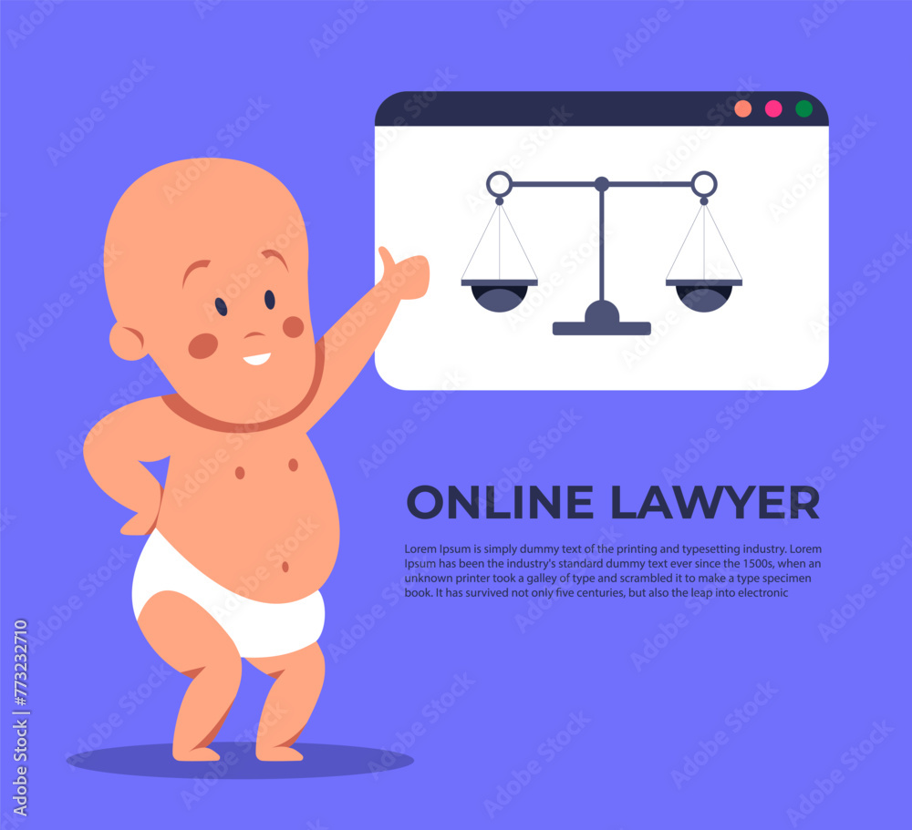 Online lawyer legal consultation. Scenes of law and justice. Cute Baby consults the client, the judge knocks with a wooden gavel. Flat vector illustration. Online lawyer legal consultation. Scenes of law and justice. Cute Baby consults the client, the judge knocks with a wooden gavel. Flat vector illustration.