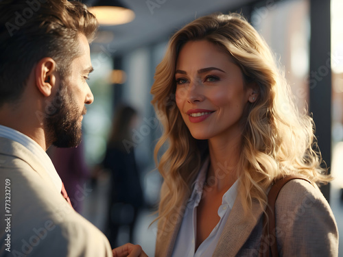 Businesswoman conversing with a male colleague during golden hour photo