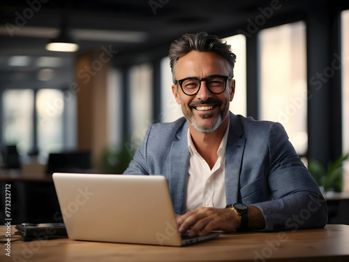 Smiling mature businessman in smart casual attire working on laptop photo