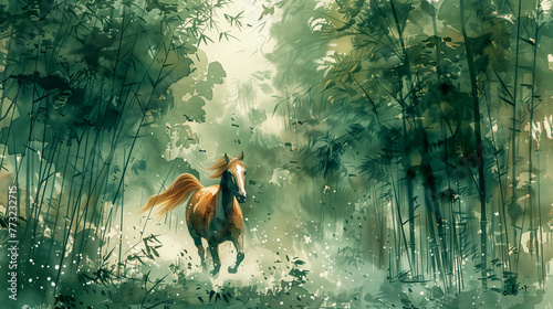 Horse running in the bamboo forest. Horse running in the forest. Water color illustration, an illustration that represents a powerful and auspicious horse