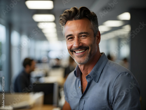 Mature businessman with a smile in a dynamic corporate office environment photo