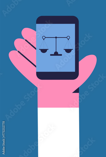 \Online lawyer legal consultation. Scenes of law and justice. Lawyer by phone consults the client. Flat vector illustration.