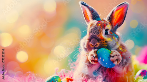 Joyeuse célébration de Pâques : un lapin vif et un arc-en-ciel de couleurs avec des œufs festifs photo