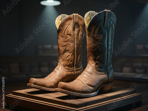 A pair of worn cowboy boots. The boots are made of weathered leather, with intricate stitching and a classic design.