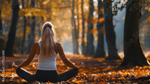 Harmonie sereine : un passionné de yoga en symbiose avec la nature au milieu des teintes radieuses de l'automne photo