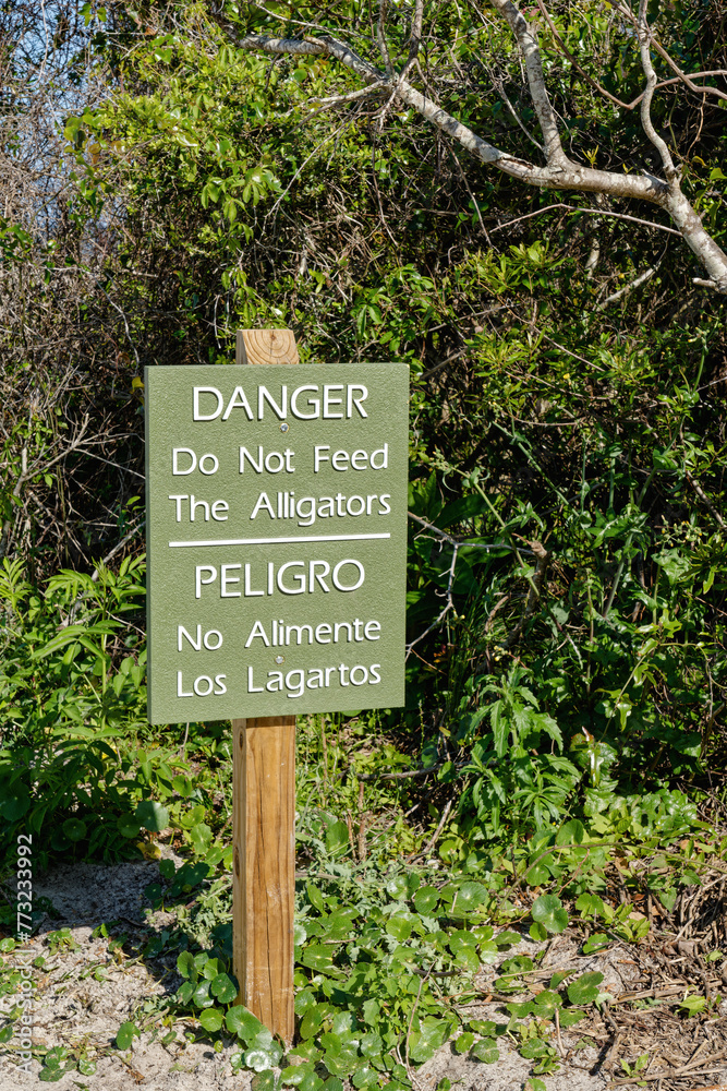 Danger Do Not Feed the Alligators sign in English and Spanish Danger Do Not Feed the Alligators sign in English and Spanish