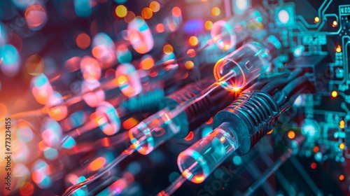 A close-up of network cables against a fiber optical background, showcasing the backbone of data centers. Illustrating the intricate web of connectivity powering modern technology