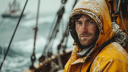 Portrait of a fisherman on an industrial fishing ship in harsh weather