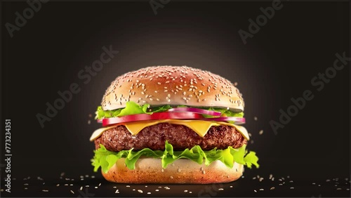 Burger falling beef, bun, vegetables slow motion, depth of field