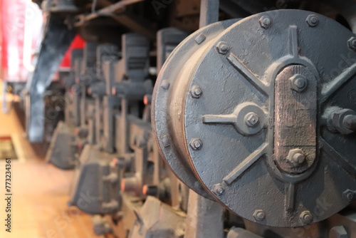 Vintage locomotive retro train. Beautiful locomotive in black and red colors. photo