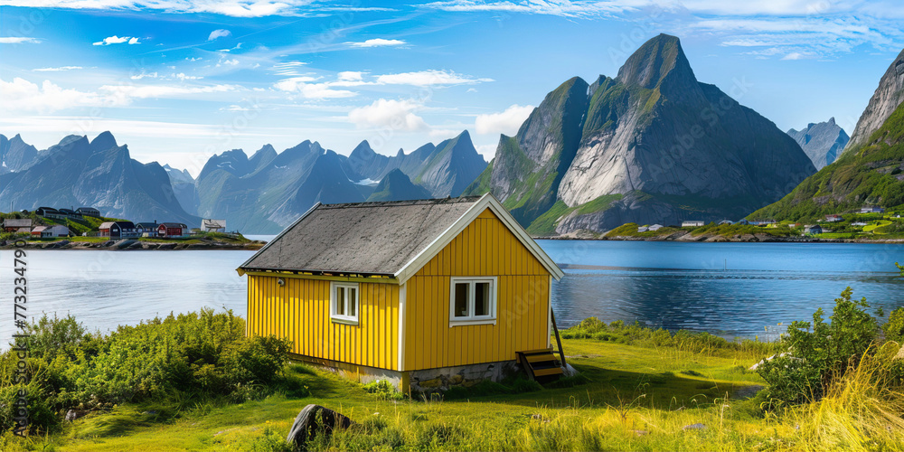 Naklejka premium Cute yellow house on the lake in the mountains