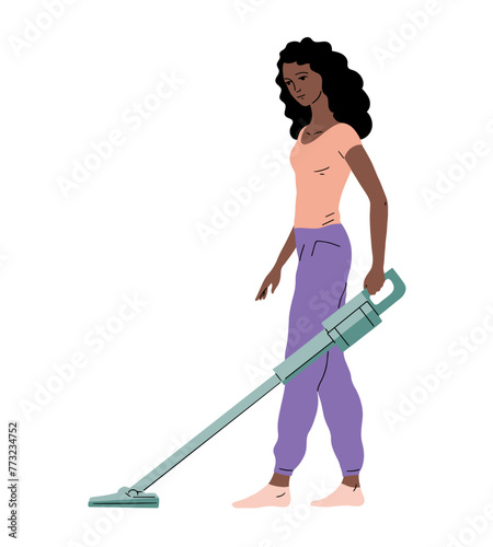 Woman with a home vacuum cleaner. The girl is cleaning the room. Cordless electric vacuum cleaner. Vector illustration isolated on white background
