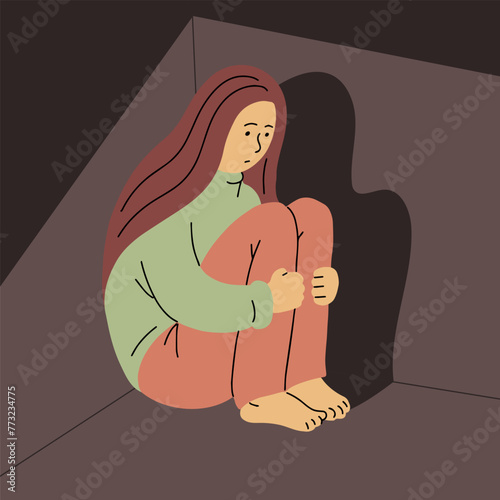 Sad young woman. Sitting in the corner. Fear, depression and social phobia. Teen character. Flat vector illustration